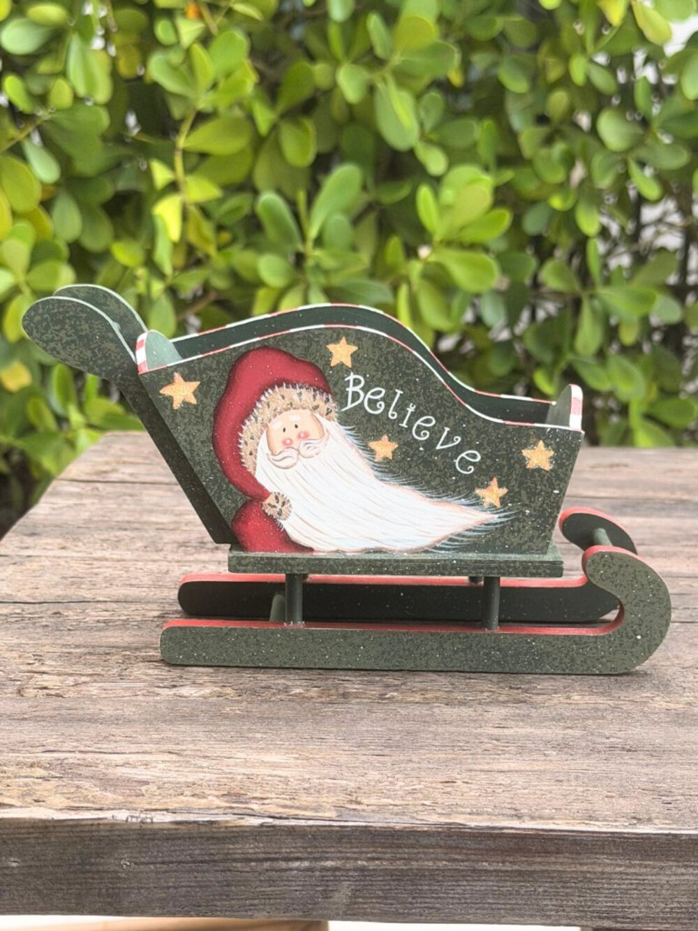 Vintage Wood Santa's Sleigh Christmas Centerpiece "Believe" Stars Green Folk Art
